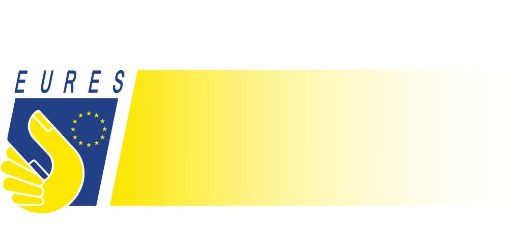 Logo EURES – niebieski napis „EURES” nad symbolem przedstawiającym żółtą dłoń na niebieskim tle z gwiazdami Unii Europejskiej. Po prawej stronie znajduje się żółty prostokątny element graficzny